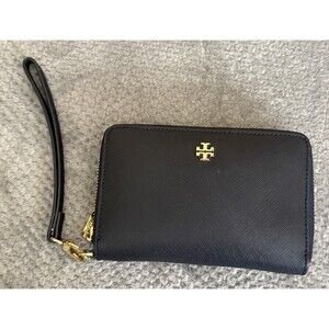 Tory Burch Black Leather Wristlet Wallet with Gold Logo